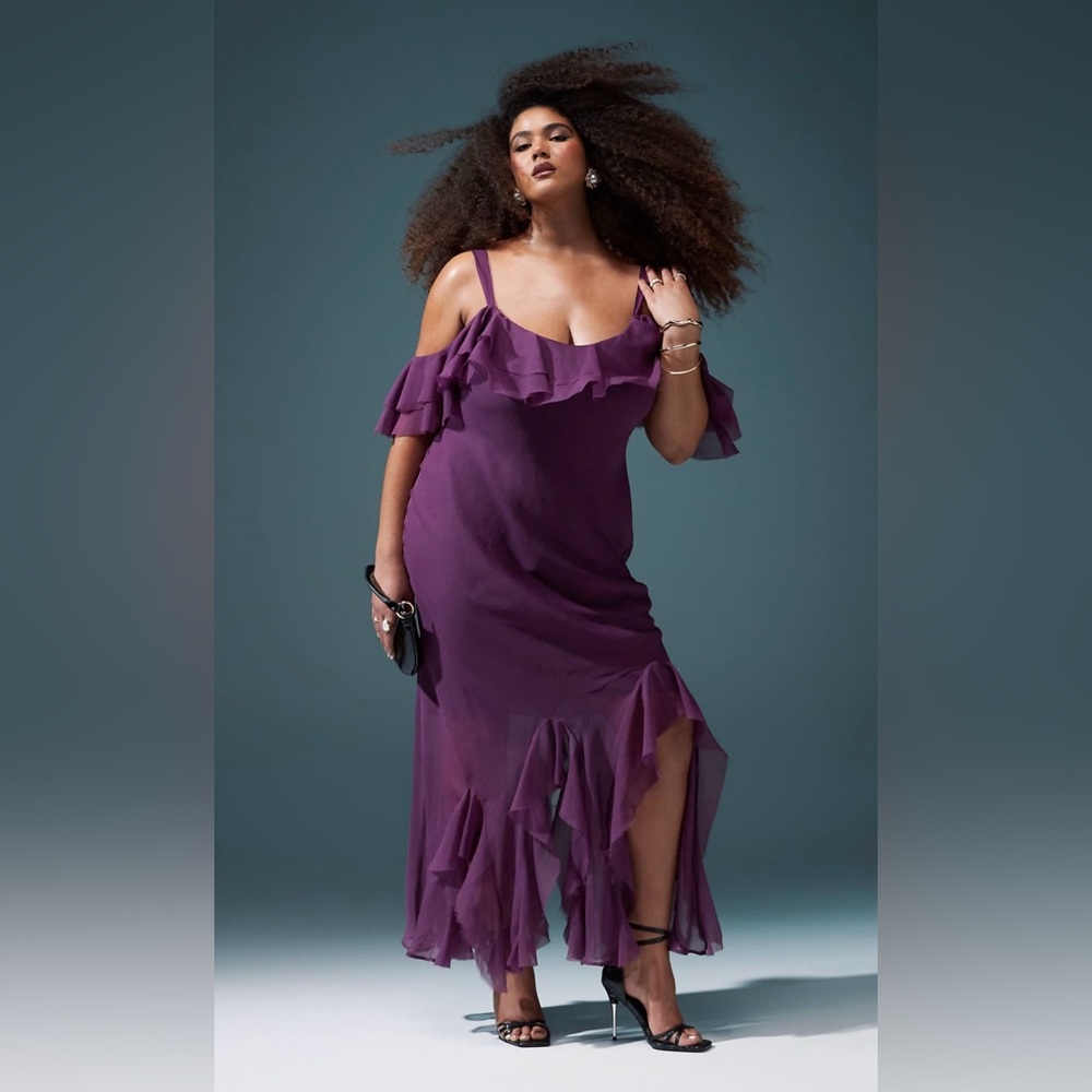 ASOS DESIGN Curve ruffle off the shoulder maxi dress in aubergine. NWT. US 16.